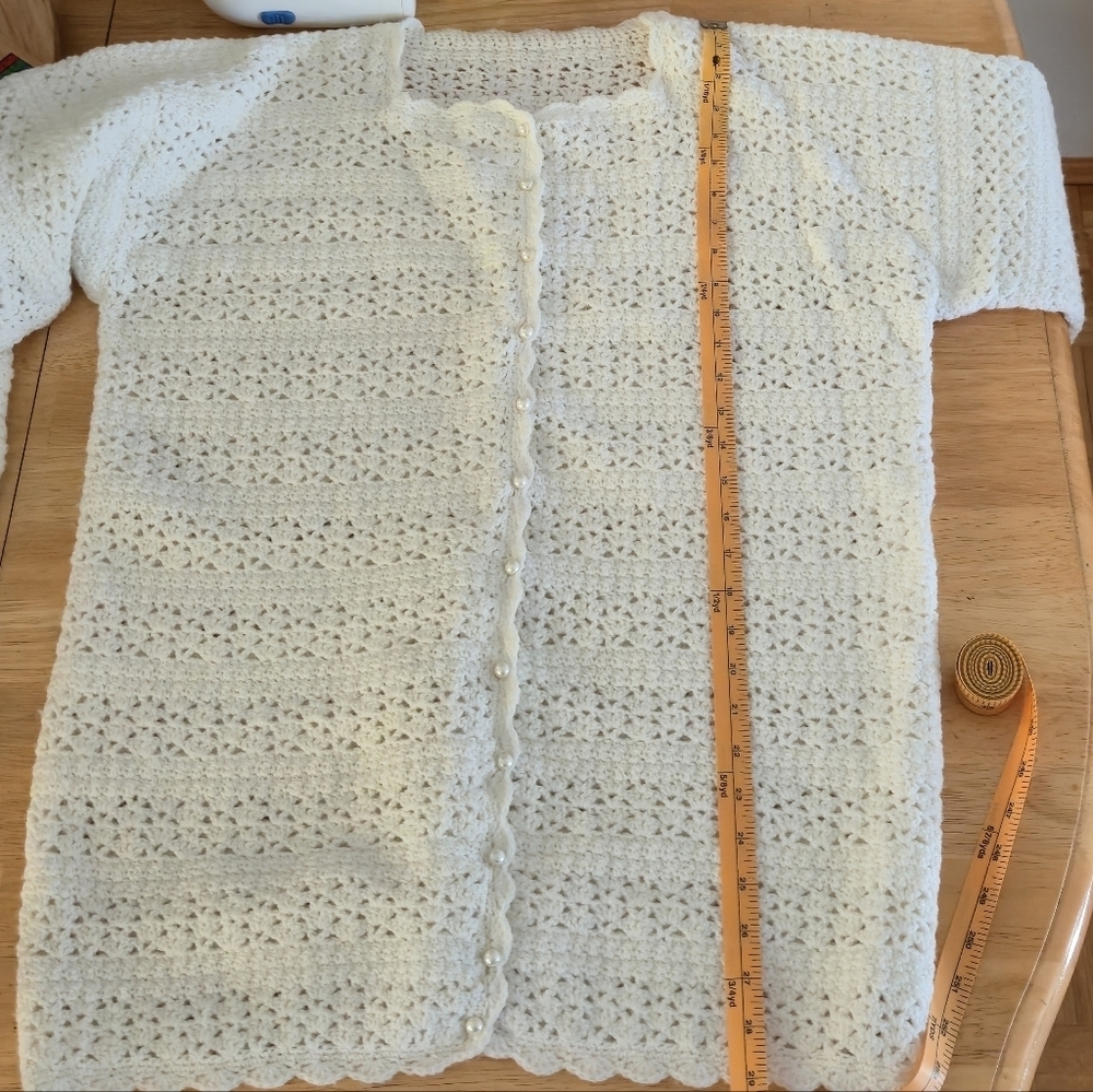 Vintage Crochet Longline Cardigan Pearl Button Coquette White L/XL - Picture 12 of 14